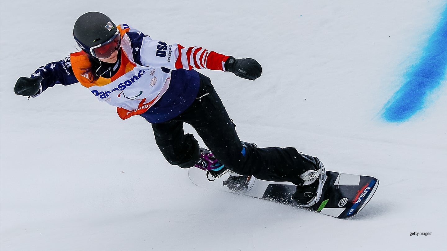 Brenna Huckaby competes during the Women's Banked Slalom SB-LL1 at the PyeongChang 2018 Paralympic Games on March 16, 2018 in Pyeongchang-gun, South Korea. 