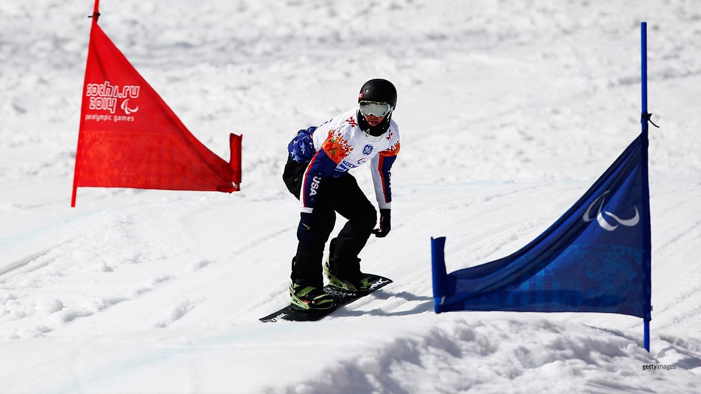 Michael Shea competes during the Men's Para Snowboard Cross Standing at the Sochi 2014 Paralympic Winter Games on March 14, 2014 in Sochi, Russia. 