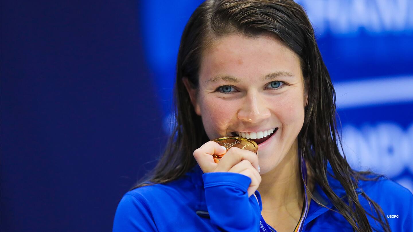 Becca Meyers poses with her gold medal at the 2019 World Para Swimming Championships on Sept. 9, 2019. 