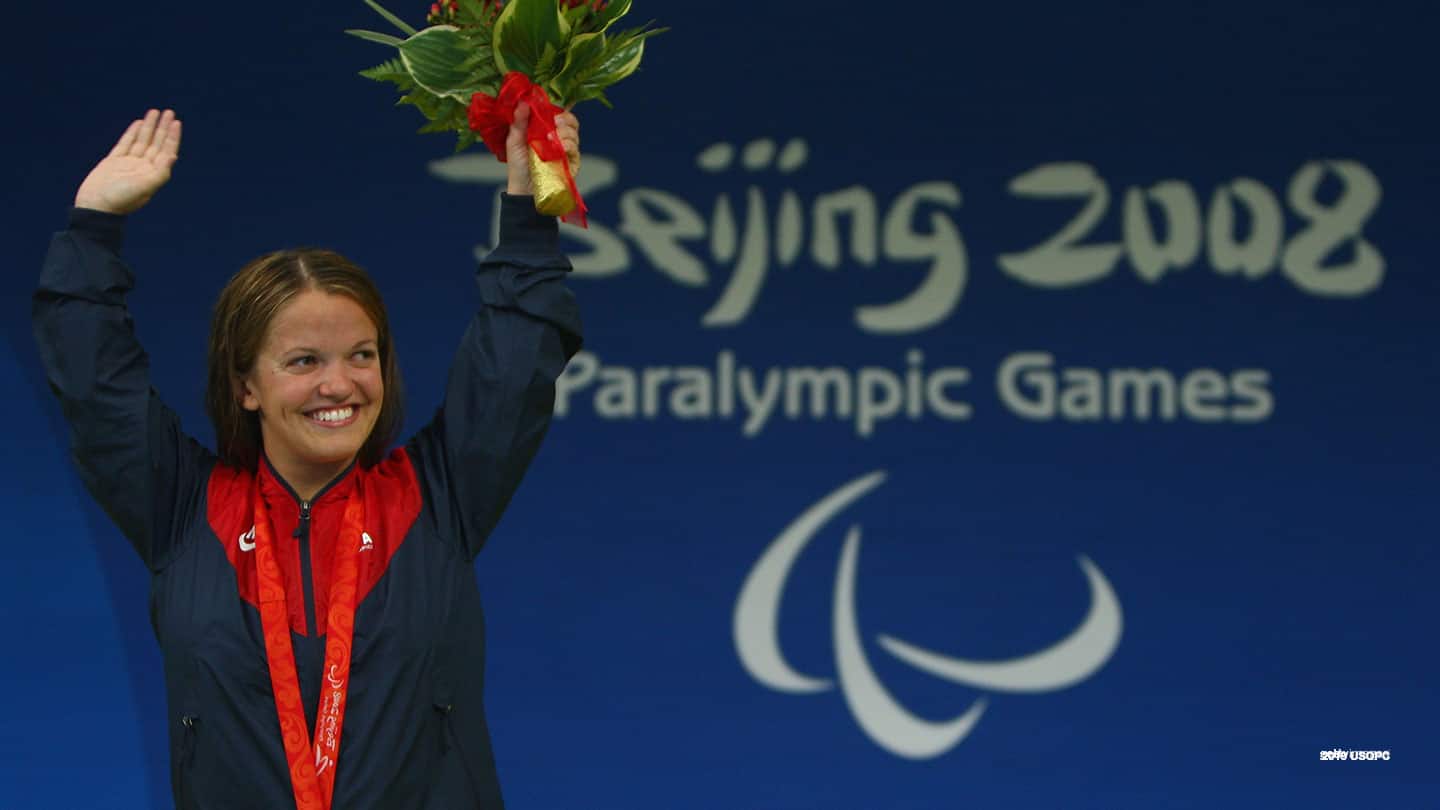 Erin Popovich celebrates after winning the gold medal at the 2008 Paralympic Games. 