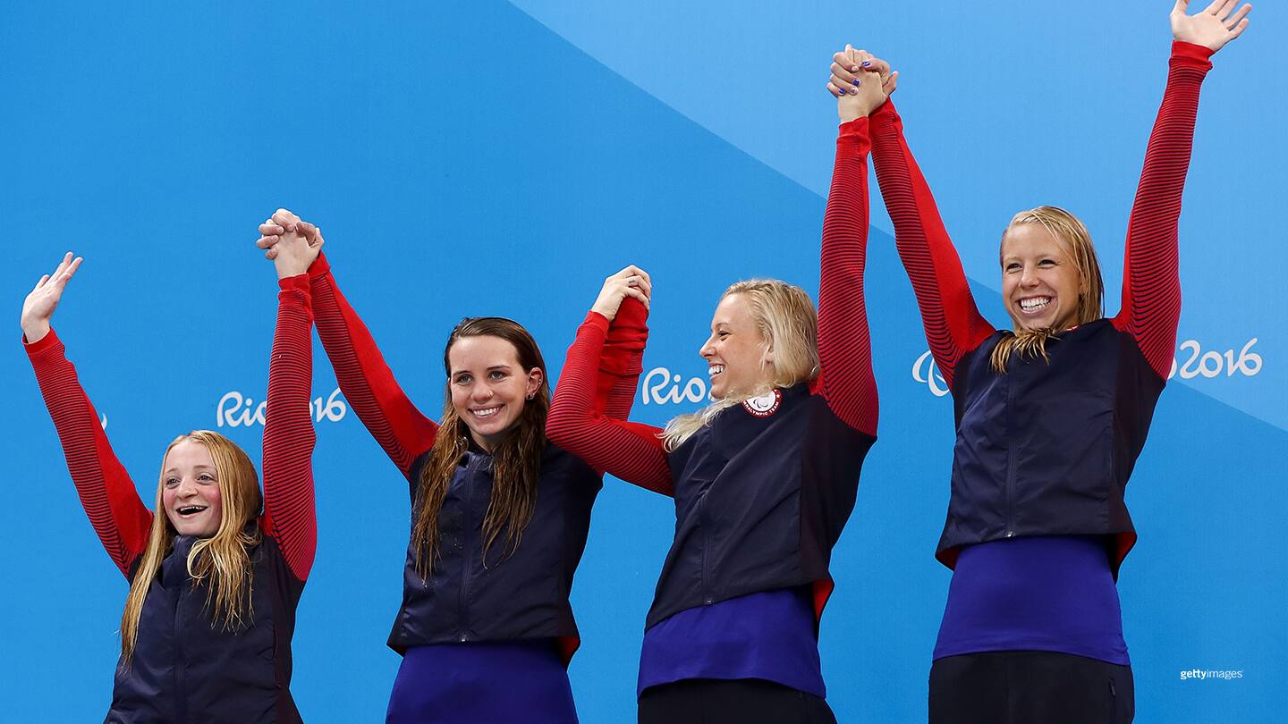 Silver medalists McKenzie Coan, Elizabeth Smith, Jessica Long and Michelle Konkoly of the United States celebrates on the podium at the Rio 2016 Paralympic Games on Sept.15, 2016 in Rio de Janeiro, Brazil