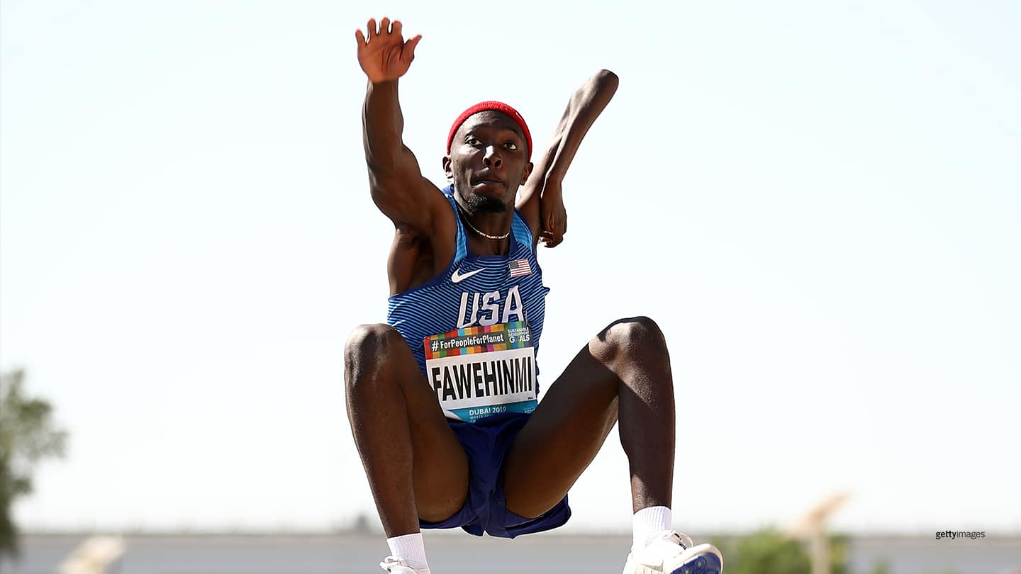 Tobi Fawehinmi in action during the Men's T47 Long Jump Final at the IPC World Para Athletics Championships 2019 Dubai on Nov. 11, 2019 in Dubai.