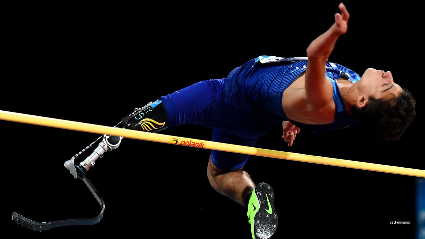 Ezra Frech competes during the Men's High Jump T63 Final at the IPC World Para Athletics Championships 2019 Dubai on Nov. 14, 2019 in Dubai.