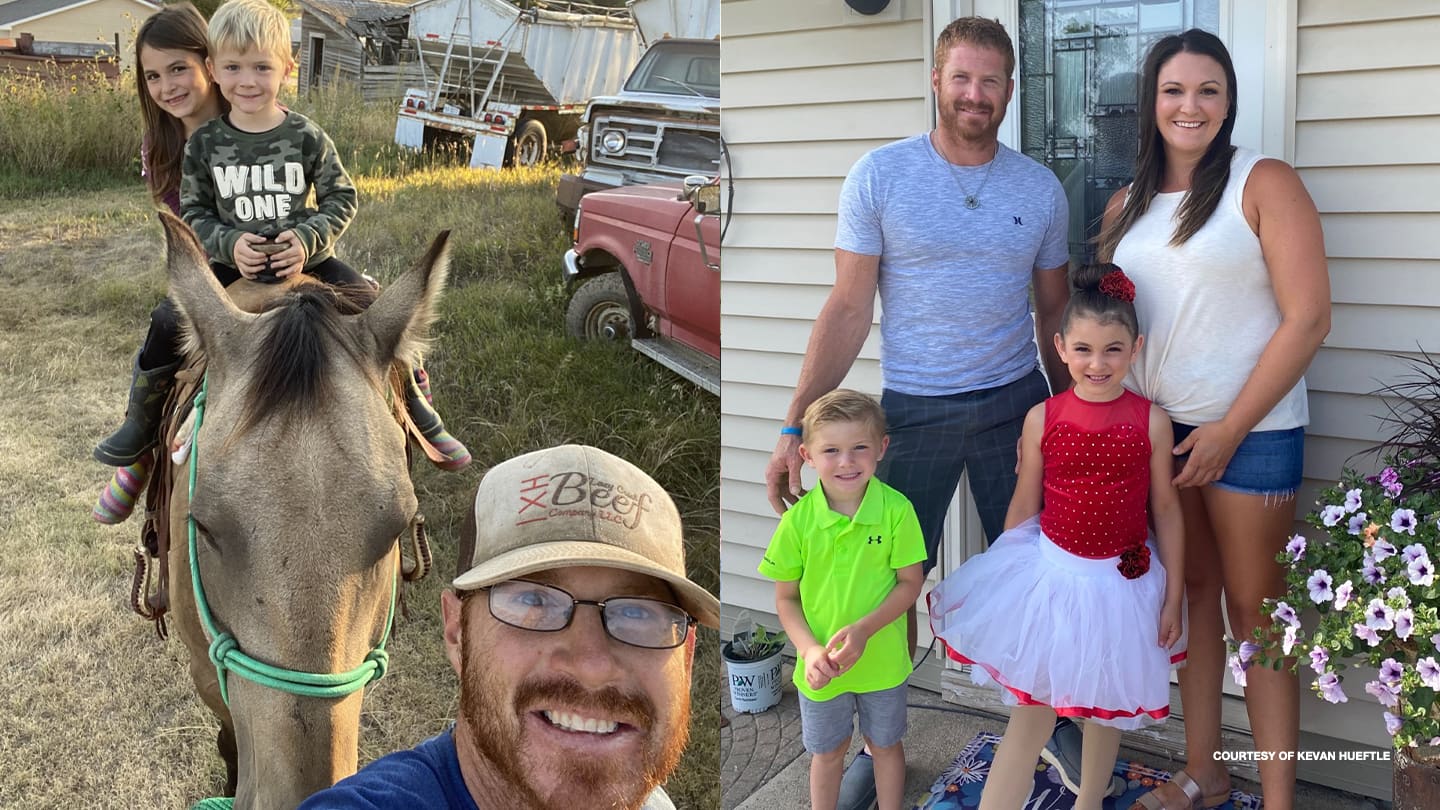 Kevan Hueftle smiles with his kids on horseback (left) and poses with his family in front of their home (right). 