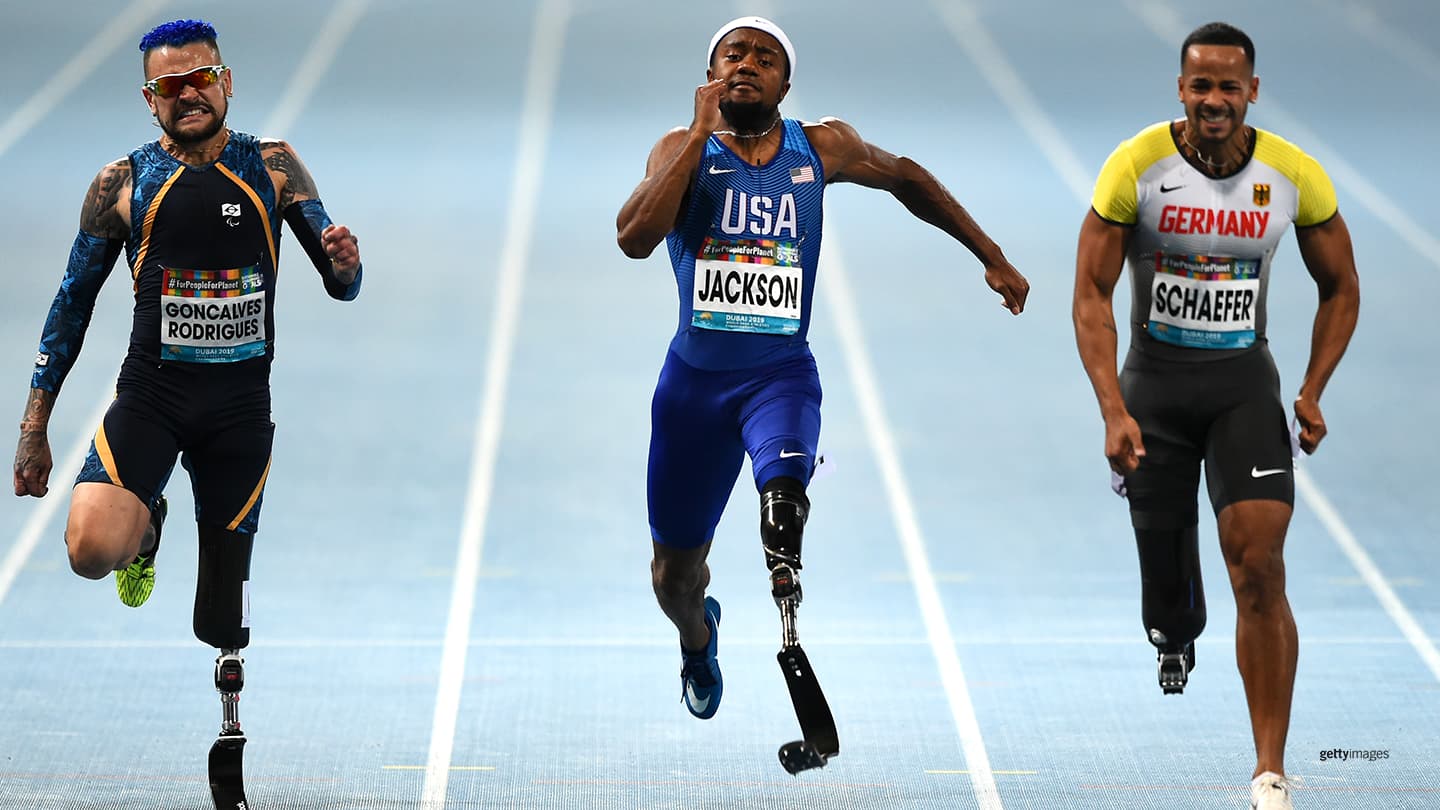 Desmond Jackson competes during the Men's 100m T63 Final race at the IPC World Para Athletics Championships 2019 Dubai on Nov. 15, 2019 in Dubai, United Arab Emirates.