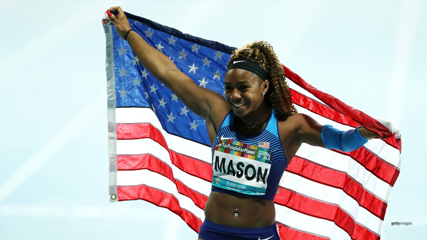 Brittni Mason celebrates winning the Women's 100m T47 final at the IPC World Para Athletics Championships 2019 Dubai on Nov. 12, 2019 in Dubai.
