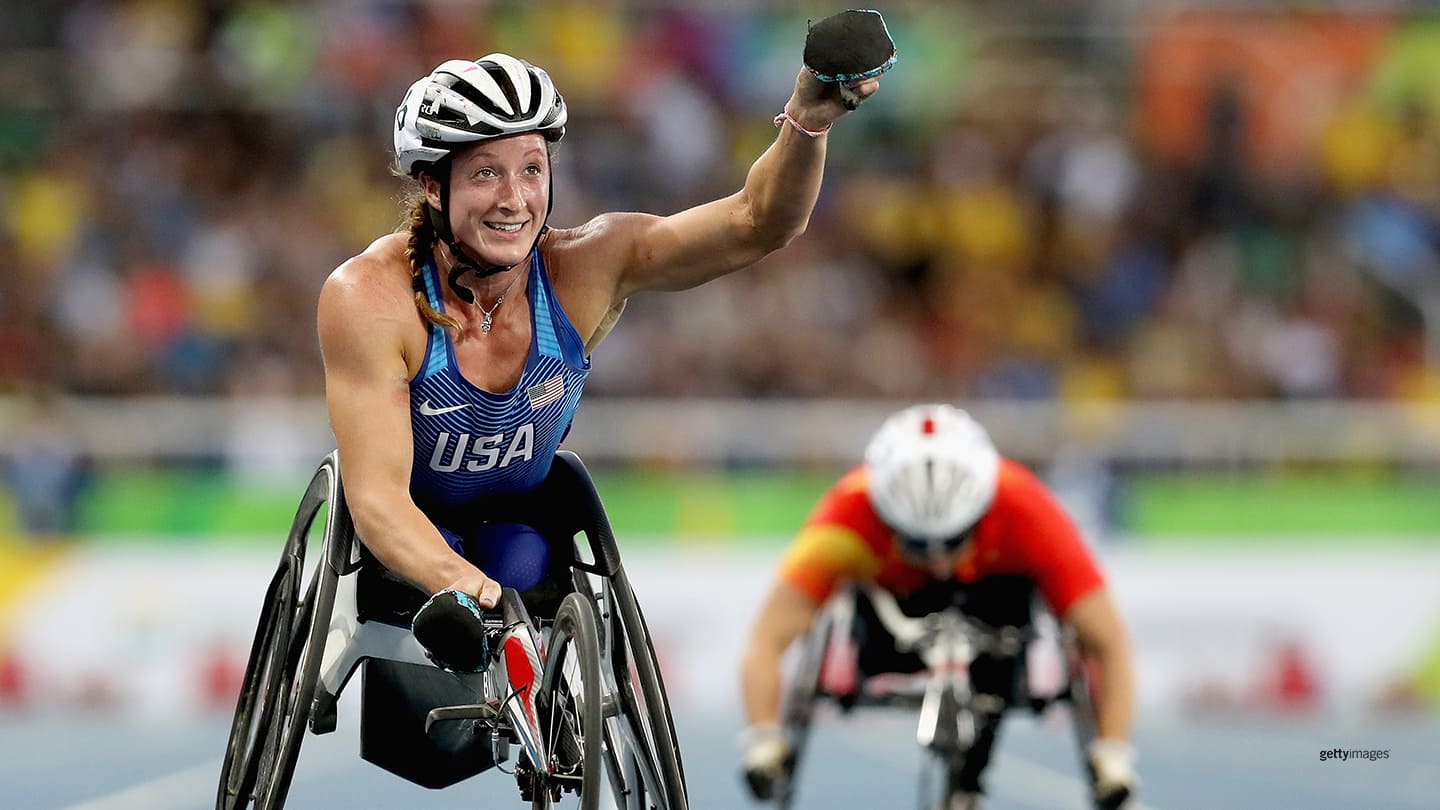 Tatyana McFadden wins the women's 400 meter T54 final at the Rio 2016 Paralympic Games on Sept. 11, 2016 in Rio de Janeiro, Brazil.