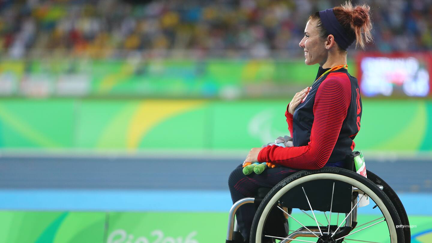 Silver medalist Amanda McGrory poses on the podium at the medal ceremony at he Rio 2016 Paralympic Games on Sept. 13, 2016 in Rio.
