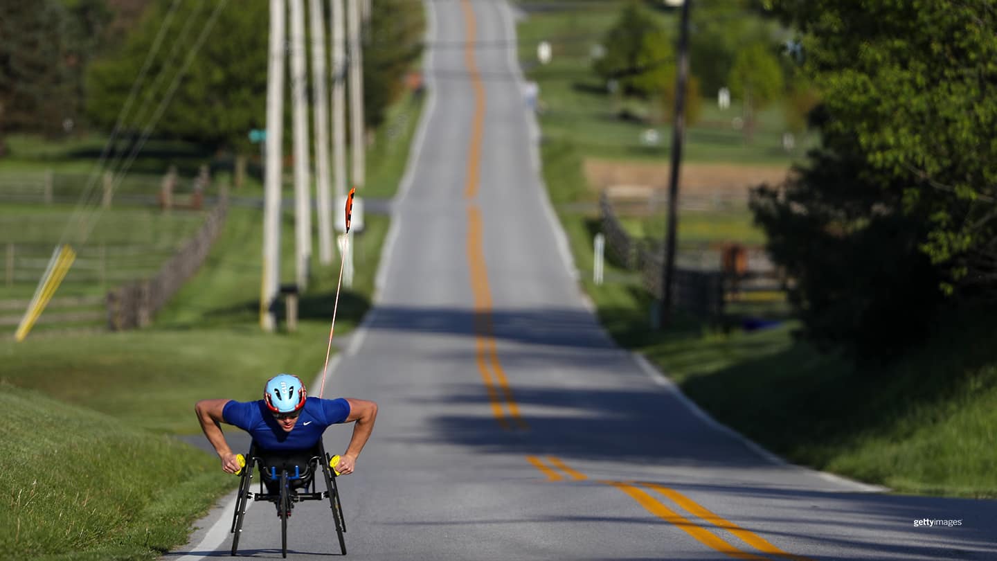 U.S. Paralympian Daniel Romanchuk trains on the road near his home on May 13, 2020 in Mount Airy, Maryland.