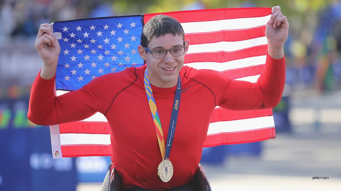Daniel Romanchuk celebrates his first place win in the Wheelchair Division during the 2018 TCS New York City Marathon on Nov. 4, 2018 in Central Park.