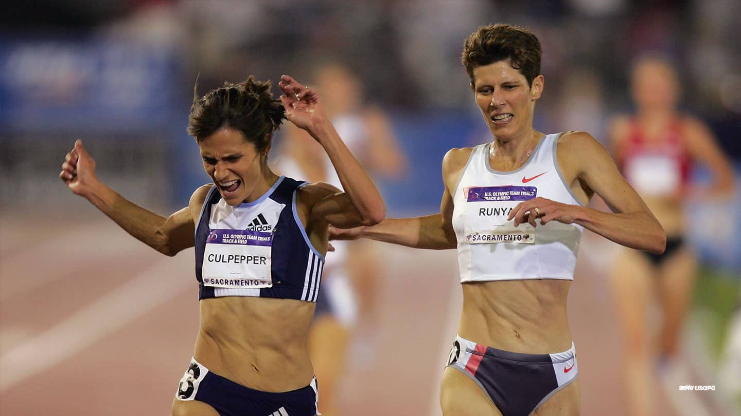 Marla Runyan crosses the finish line of the women's 5000 Meter Run Final during the U.S. Olympic Team Track & Field Trials on July 12, 2004 in Sacramento, California. 