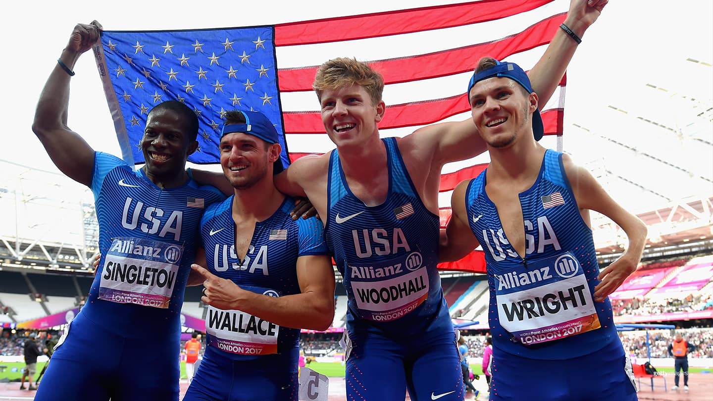 The USA team celebrate winning gold in the Mens 4 x 100m T42-47 relay at the IPC World ParaAthletics Championships 2017 on July 23, 2017 in London, England.