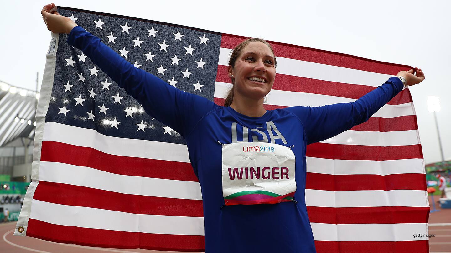 Kara Winger reacts in Women's Javelin Throw Final at the Lima 2019 Pan American Games on Aug. 09, 2019 in Lima, Peru. 