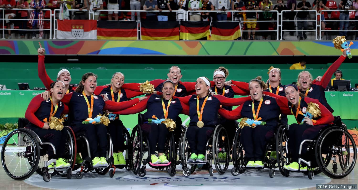 The U.S. Women's Wheelchair Basketball Team celebrates winning the gold medal at the 2016 Rio Paralympic Games.