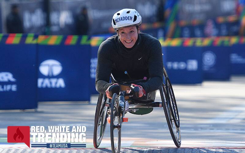 Tatyana McFadden crosses the finish line in New York. 