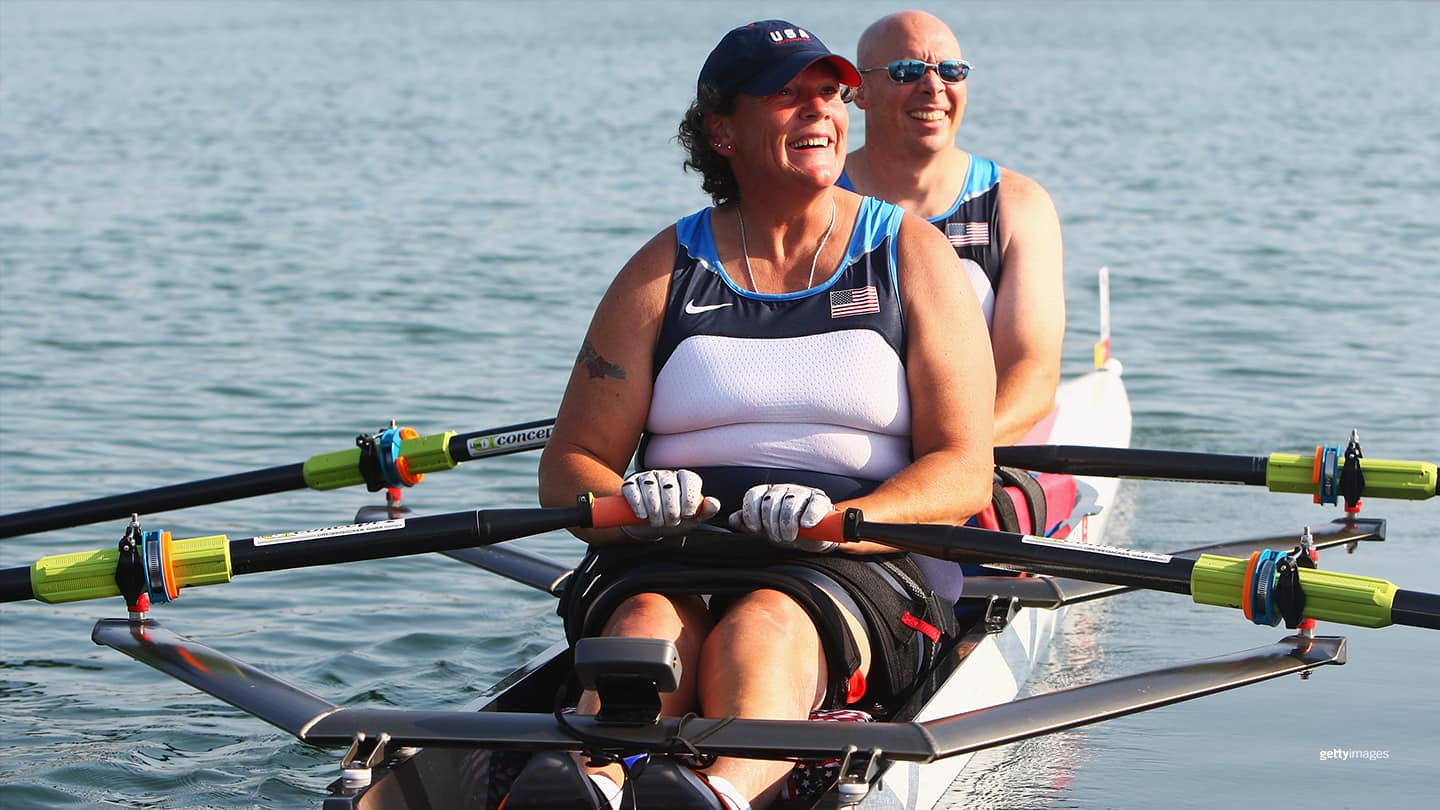 Scott Brown and Angela Madsen celebrate after winning the Rowing Mixed Double Sculls - TA Final B at the 2008 Paralympic Games on September 11, 2008 in Beijing, China. 