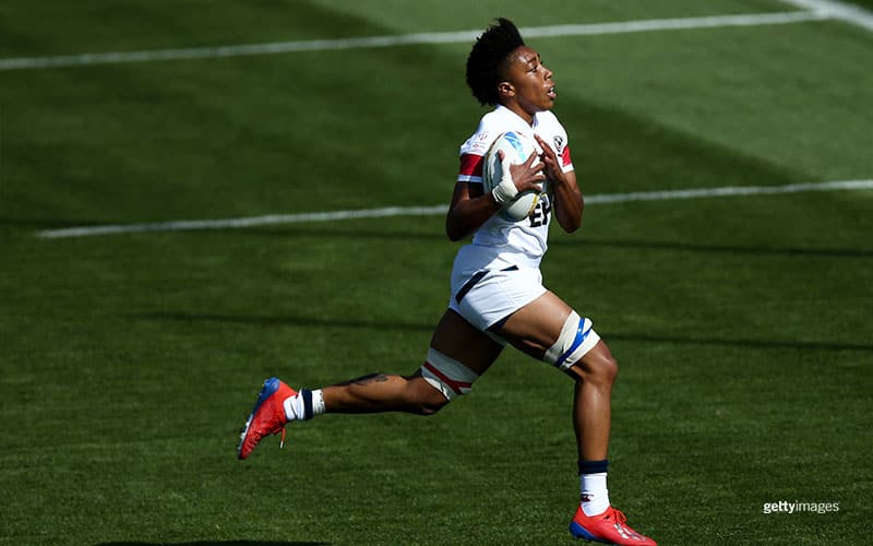Kris Thomas breaks away for a try during the 2020 HSBC Sevens at FMG Stadium Waikato on January 26, 2020 in Hamilton, New Zealand.