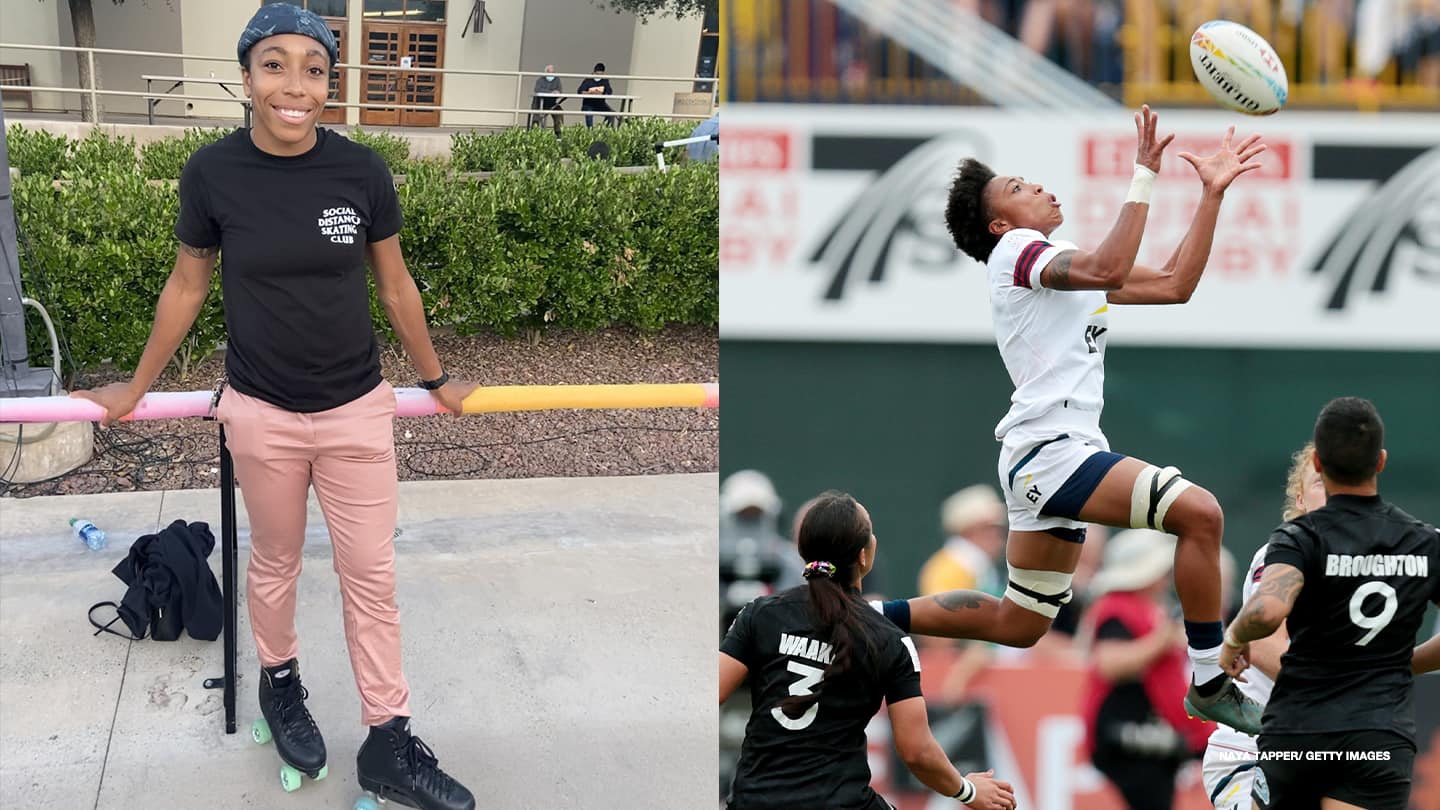 Left: Kris Thomas poses for a photo in her roller skates; Right: Kris Thomas jumps for the ball at the HSBC World Rugby Sevens Series on Dec. 7, 2019 in Dubai.