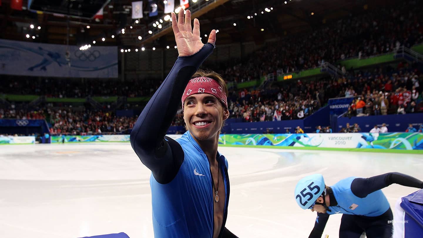 Bronze medalist Apolo Anton Ohno celebrates after the Men's 5000m Relay Short Track Speed Skating Final at the 2010 Vancouver Winter Olympics on Feb. 26, 2010 in Vancouver, Canada