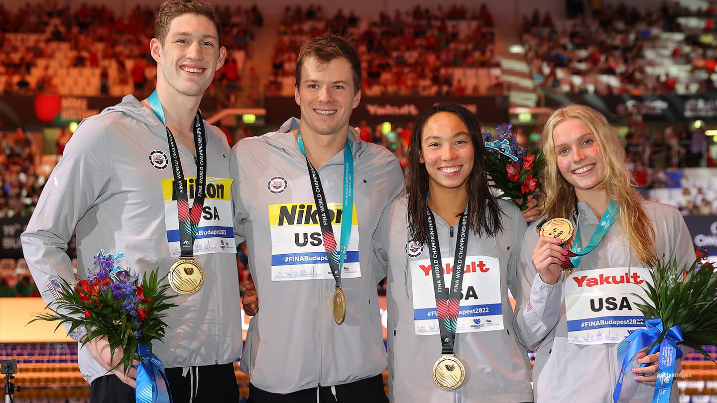 Nic Fink, Hunter Armstrong, Torri Huske and Claire Curzan