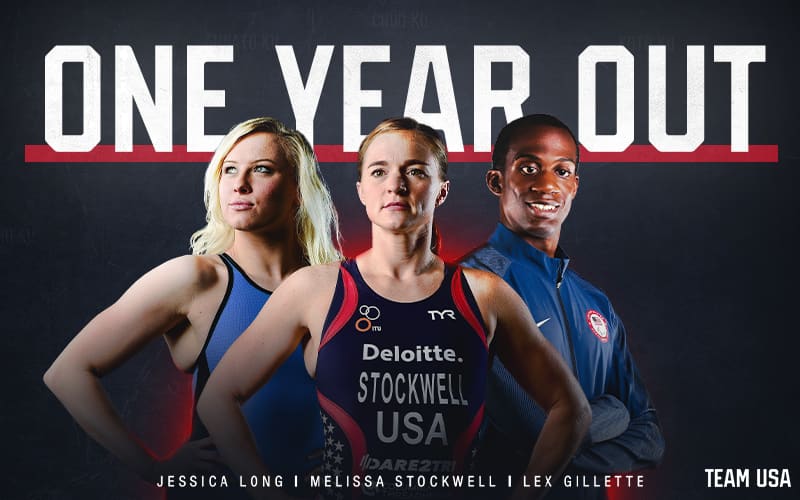 Graphic featuring swimmer Jessica Long, paratriathlete Melissa Stockwell and track and field athlete Lex Gillettte celebrating one year out from the 2020 Paralympic Games