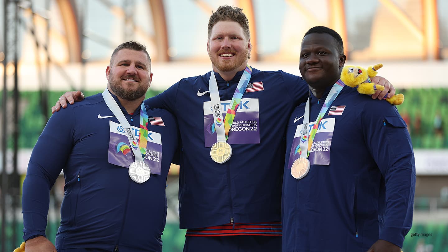 Joe Kovacs, Ryan Crouser and Josh Awotunde