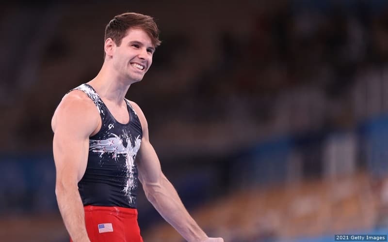 U.S. gymnast Alec Yoder reacts after competing on pommel horse during the Tokyo 2020 Olympic Games.