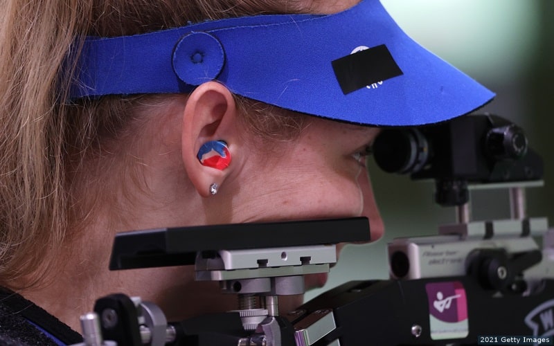 Alison Weisz takes aim while practicing for the women's 10-meter air rifle competition at  the Tokyo 2020 Olympic Games.