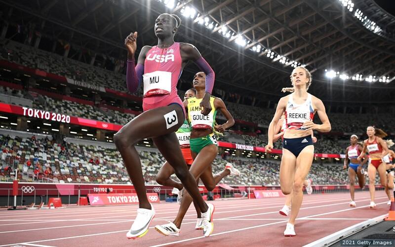 U.S. runner Athing Mu stays a stride ahead of Jamaica's Natoya Goule and Great Britain's Jemma Reekie en route to gold in the women's 800 meter in Tokyo. 
