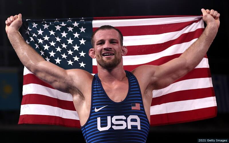 U.S. wrestler David Taylor celebrates winning gold in the 86kg men's freestyle at the 2020 Olympic Games.