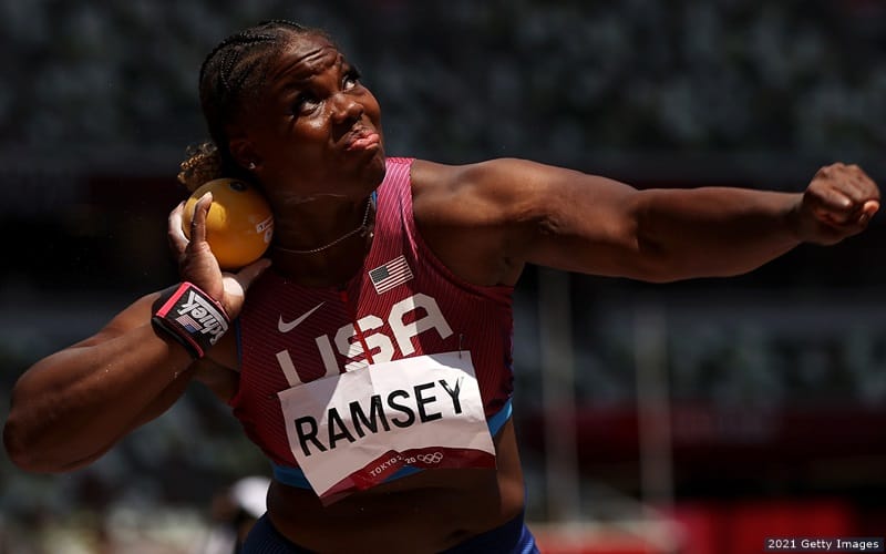 Jessica Ramsey prepares to throw the shot put in the women's competition at the Tokyo 2020 Olympic Games.