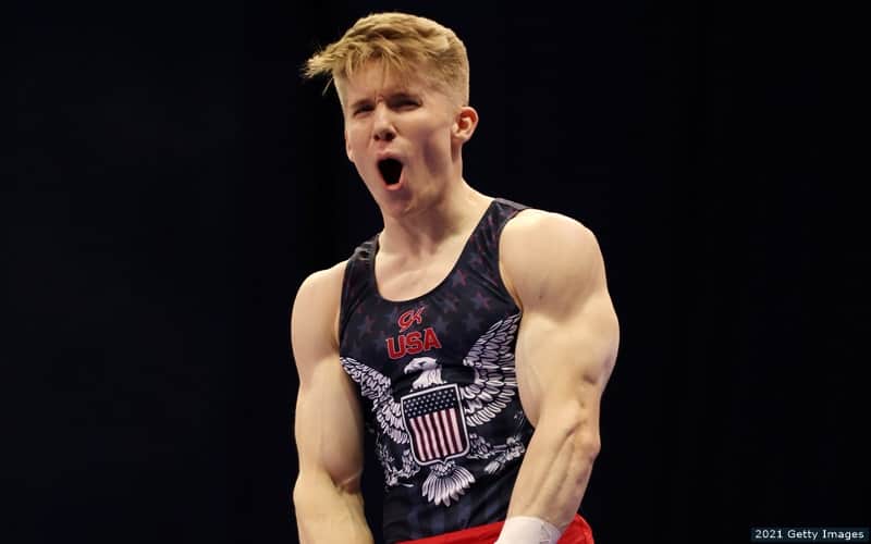 U.S. gymnast Shane Wiskus screams in celebration. 