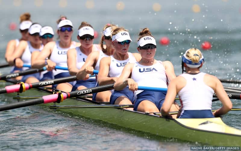 The U.S. women's eight rowing team competes at the 2020 Olympic Games.