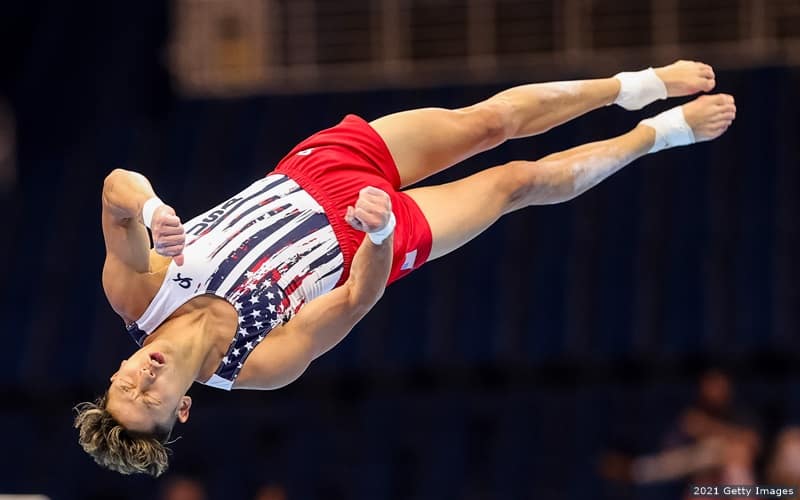 U.S. gymnast Yul Moldhauer soars and twists midair during a tumbling pass. 