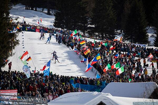 22.02.2020, Antholz, Italy View of biathletes climbing the hill beside the stadium