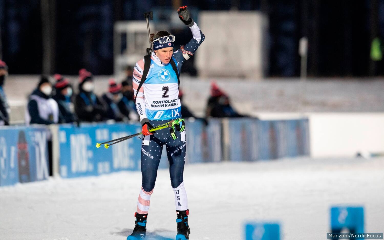 (l to r) Susan Dunklee, Clare Egan, Coach Armin Auchentaller, Coach Vegard Bitnes,  Joanne Reid and Deedra Irwin