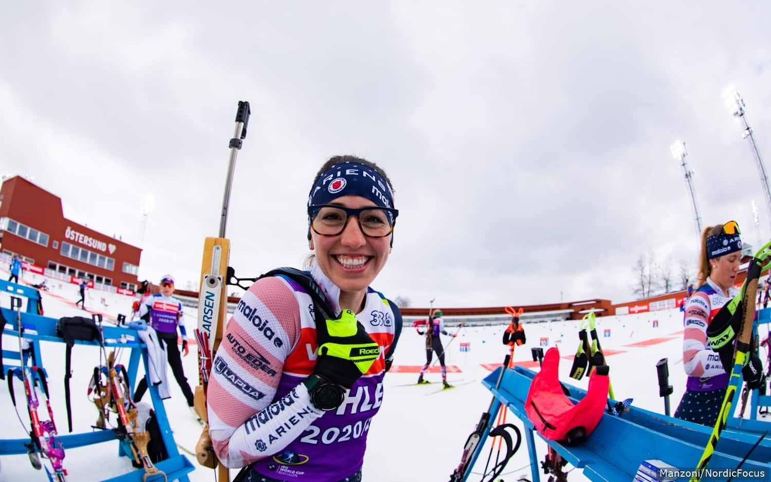 Deedra Irwin smiles for the camera during a U.S. Biathlon training session is Ostersund, Sweden, on March 18, 2021.