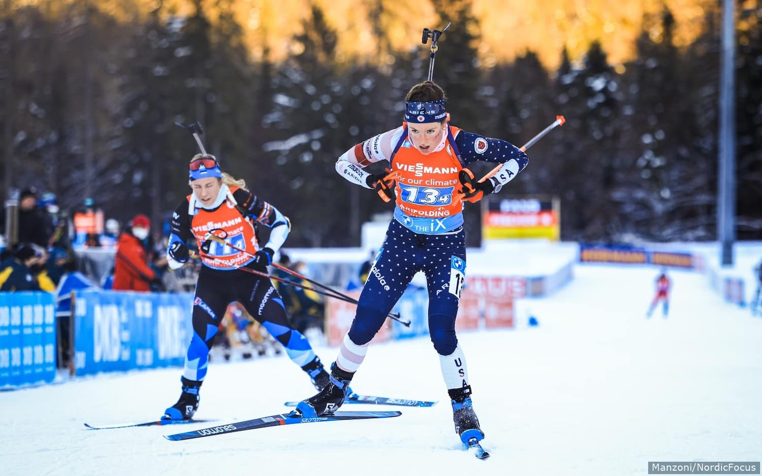 Hallie Grossman races in the women's relay at the IBU World Cup in Ruhpolding, Germany, on Jan. 14, 2022