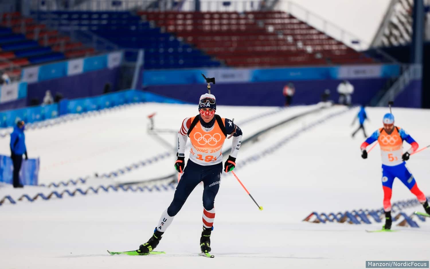 Sean Doherty skis out of the shooting range during the mixed relay