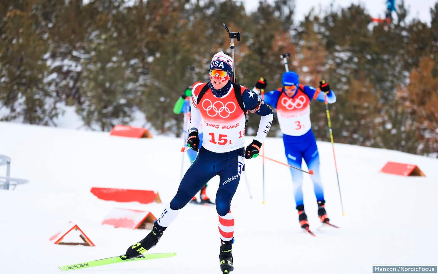Sean Doherty skis the opening leg of the men's relay at the Beijing 2022 Winter Games