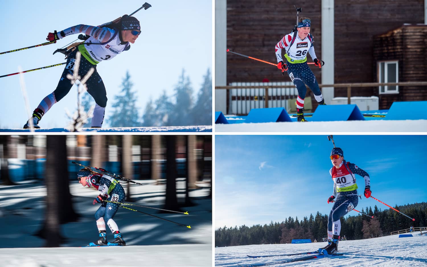 A collage of four action photos showing Joanne Reid, Vasek Cervenka, Kelsey Dickinson and Hallie Grossman