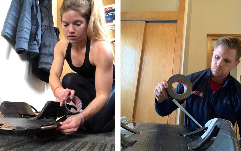 Athletes using tesa tape on skeleton sleds.