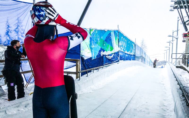 A U.S. skeleton athlete prepares to start in Whistler