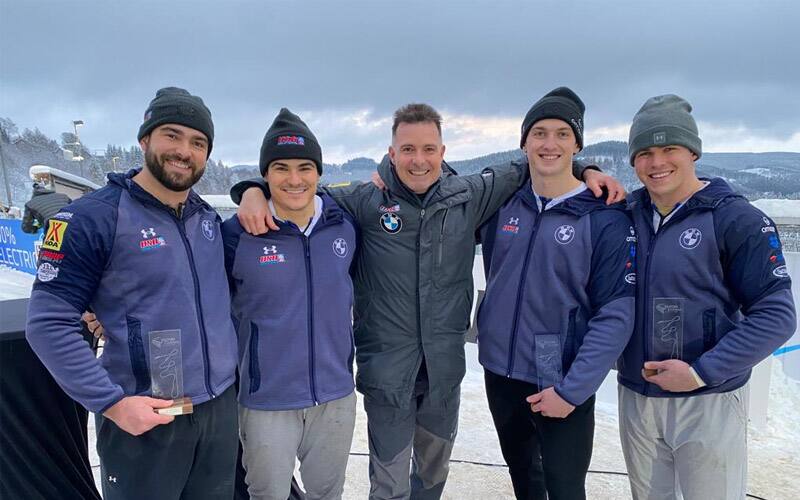 Josh Williamson, Hunter Church, Mike Kohn, Kris Horn and Charlie Volker after the medal ceremony
