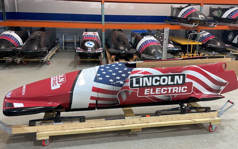 USA Bobsled wrapped with the Lincoln Electric logo