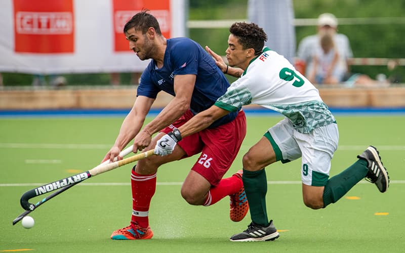 Mohan Gandhi tries to control the ball against South Africa in a series that took place in 2020
