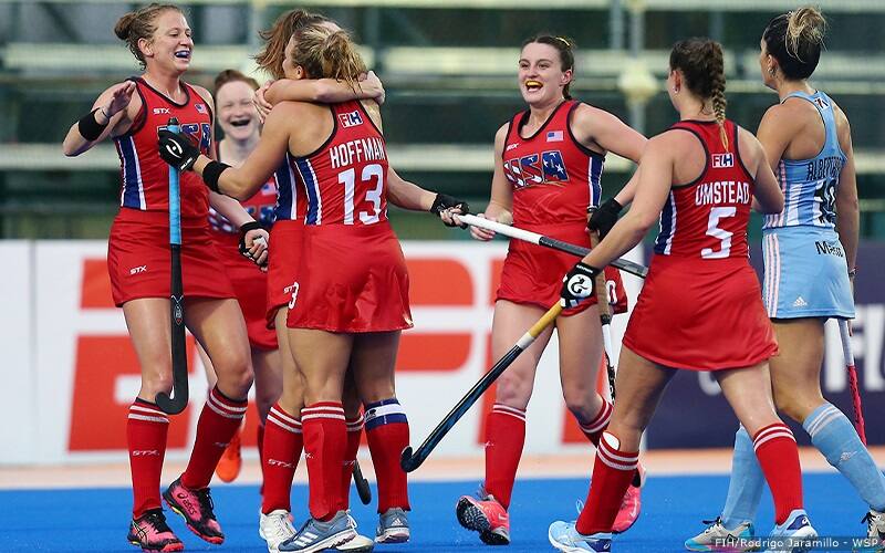 U.S. Women's National Team celebrates a goal against Argentina in the 2020 FIH Hockey Pro League on February 7, 2020 in Buenos Aires
