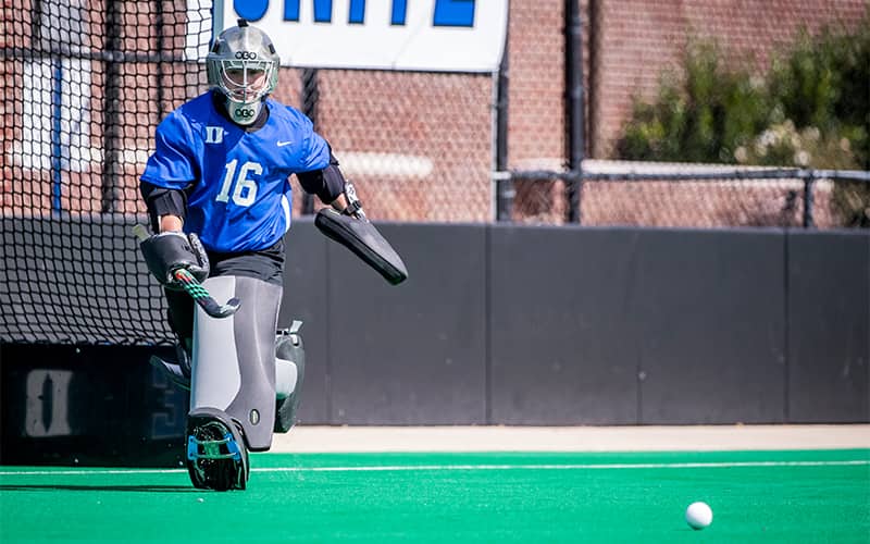 Duke University's goalkeeper Pipe Hampsch makes a save during a game