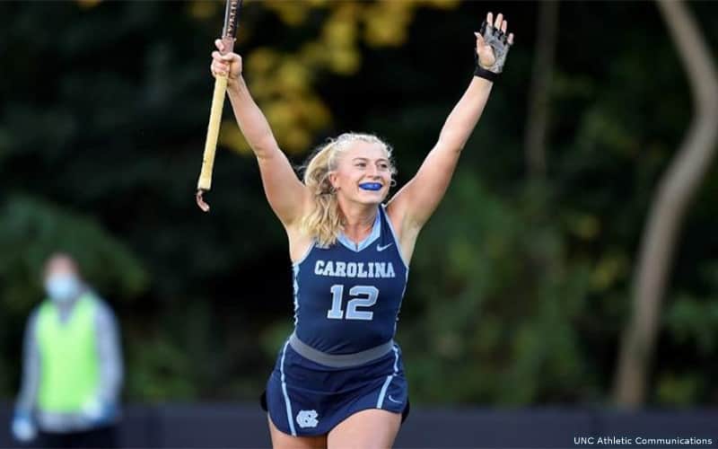 Cassie Sumfest celebrates a goal with the University of North Carolina's field hockey team