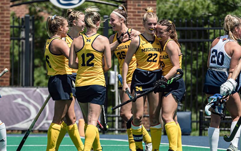 The Michigan Field Hockey Team celebrates a goal over Bucknell in the NCAA Second Round